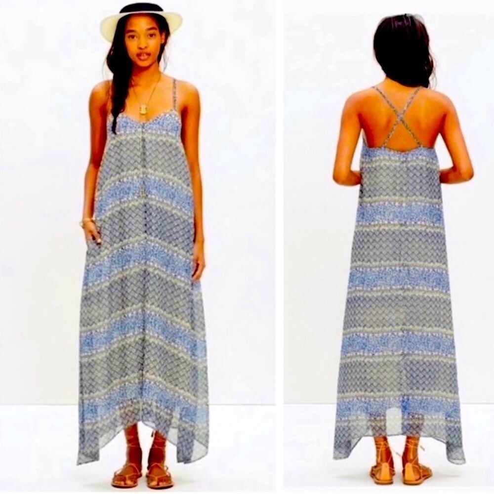 Madewell Moroccan Tile Maxi Slip Dress Blue Cream Sheer Fully Lined Size M Boho